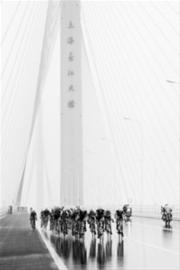 参加崇明自行车赛的选手们骑行在上海长江大桥上